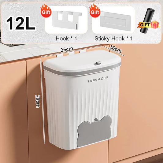 Wall-Mounted Trash Bin with Lid – 8.5L/12L Kitchen & Bathroom Wastebasket for Cabinets"