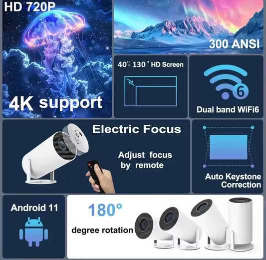 "HY300 Pro+ 4K Android Projector – Portable WiFi 6, BT5.4, 8000 Lumens"